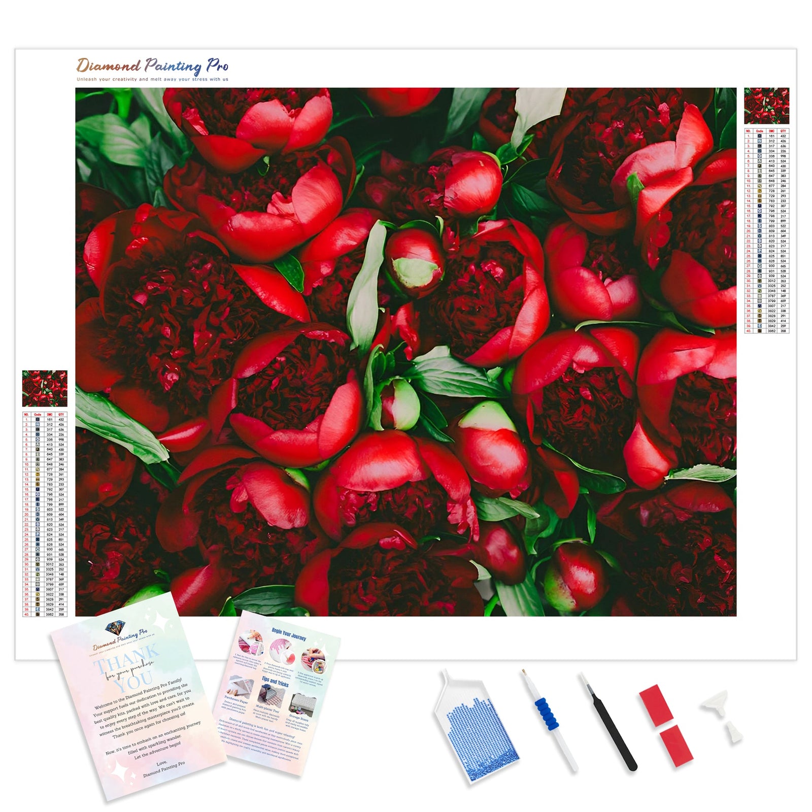 Red Peony Flowers | Diamond Painting Kit - Full Drill - Square or Round Diamonds with AB Drills Option