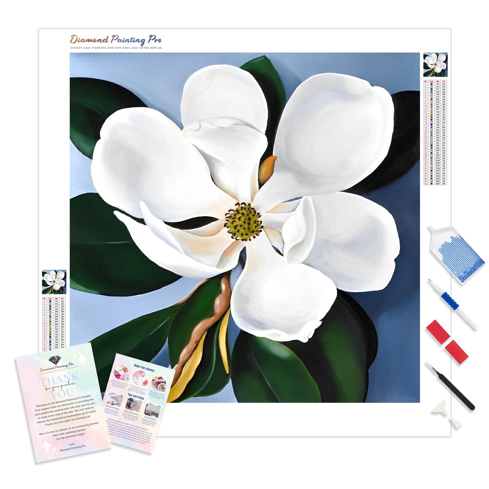 White Magnolia Flower | Diamond Painting Kit - Full Drill - Square or Round Diamonds with AB Drills Option