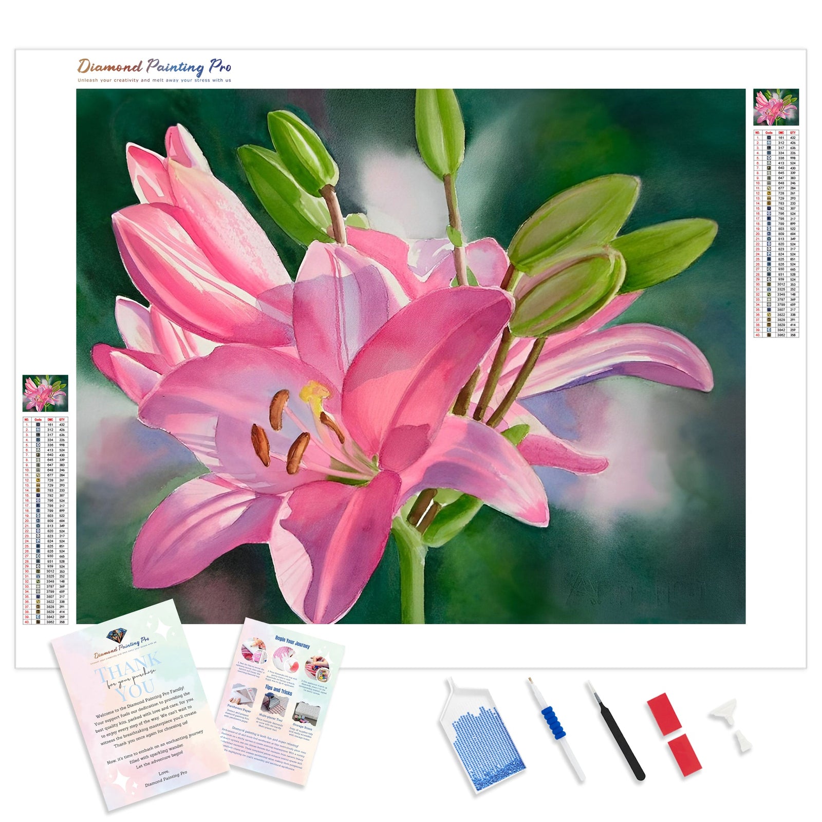 Pink Lily with Buds | Diamond Painting Kit - Full Drill - Square or Round Diamonds with AB Drills Option