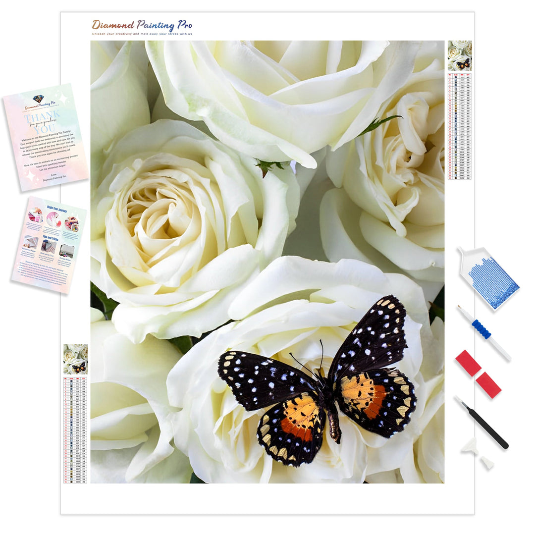 Speckled Butterfly on White Rose | Diamond Painting Kit - Full Drill - Square or Round Diamonds with AB Drills Option