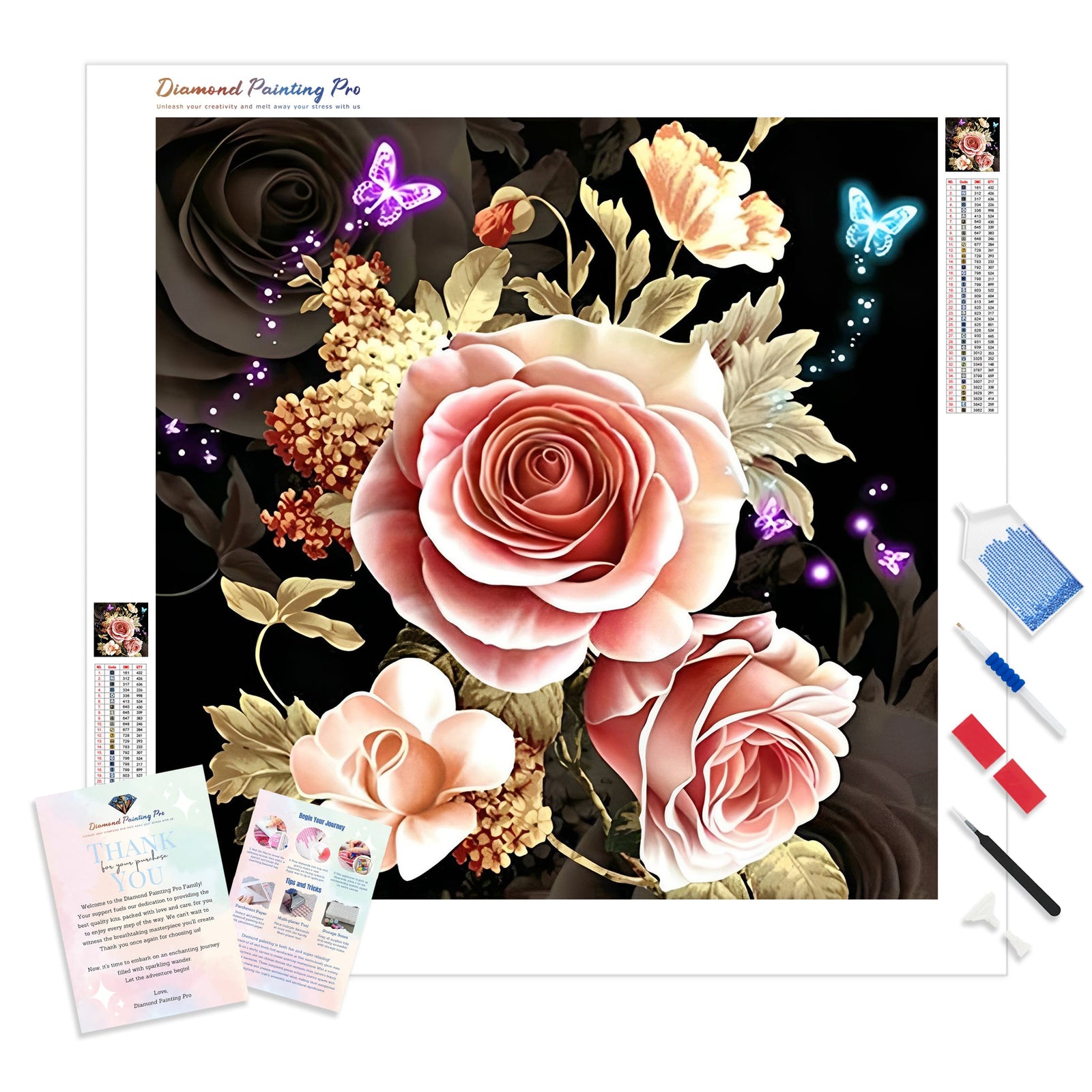 Pink Rose With Butterflies | Diamond Painting Kit - Full Drill - Square or Round Diamonds with AB Drills Option