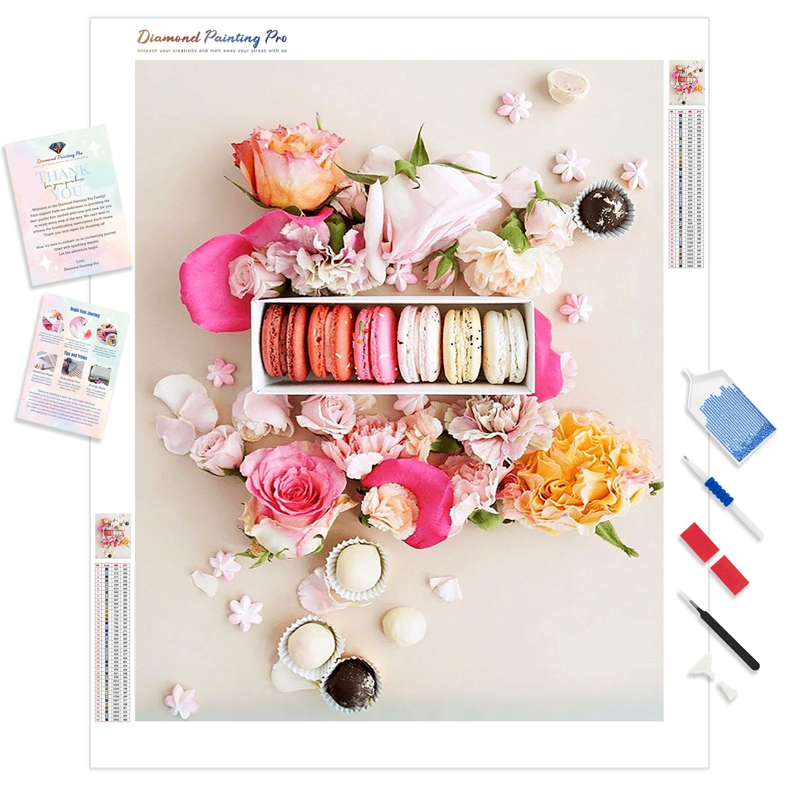 Pink Macarons with Flowers | Diamond Painting Kit - Full Drill - Square or Round Diamonds with AB Drills Option