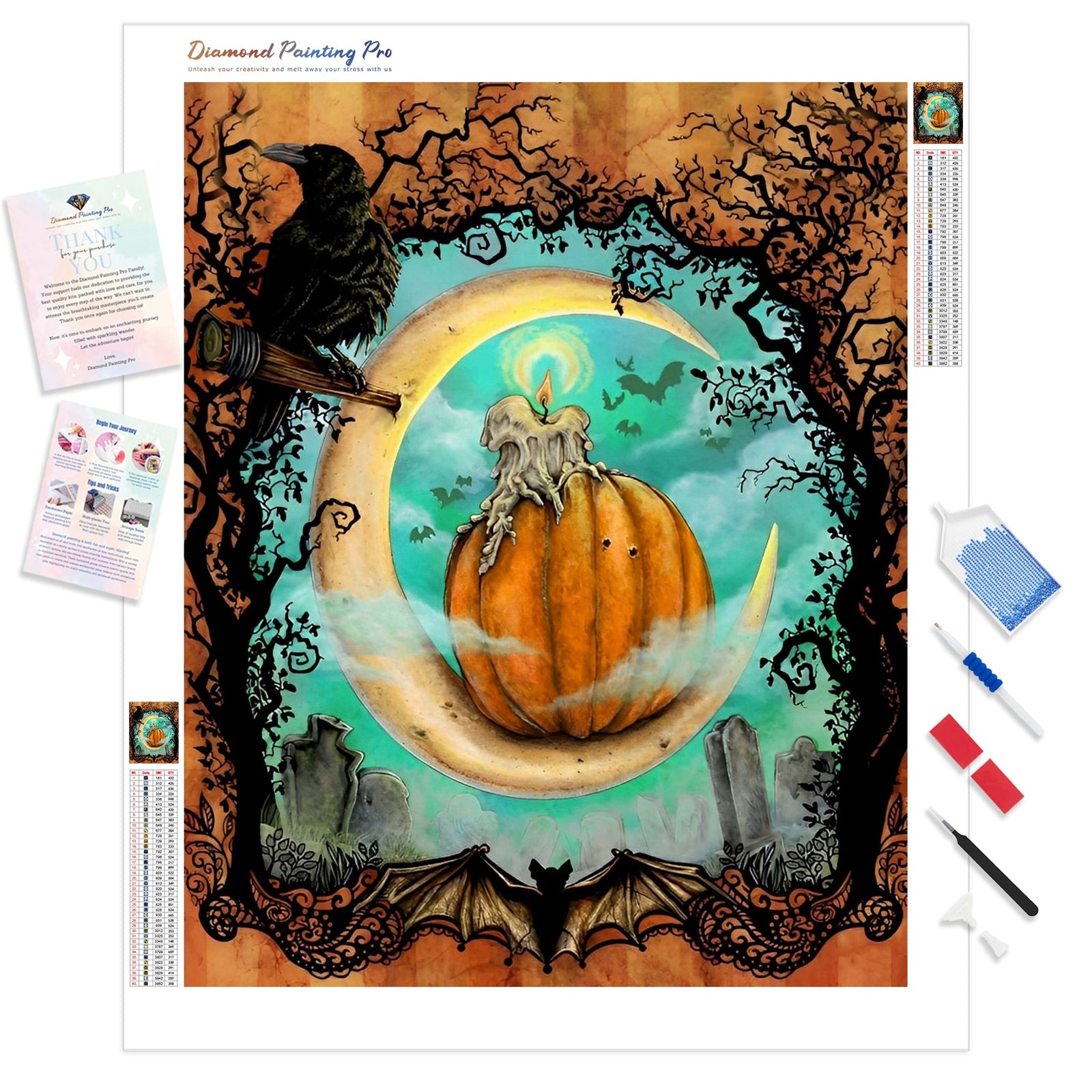 Pumpkin and Crow | Diamond Painting Kit - Full Drill - Square or Round Diamonds with AB Drills Option