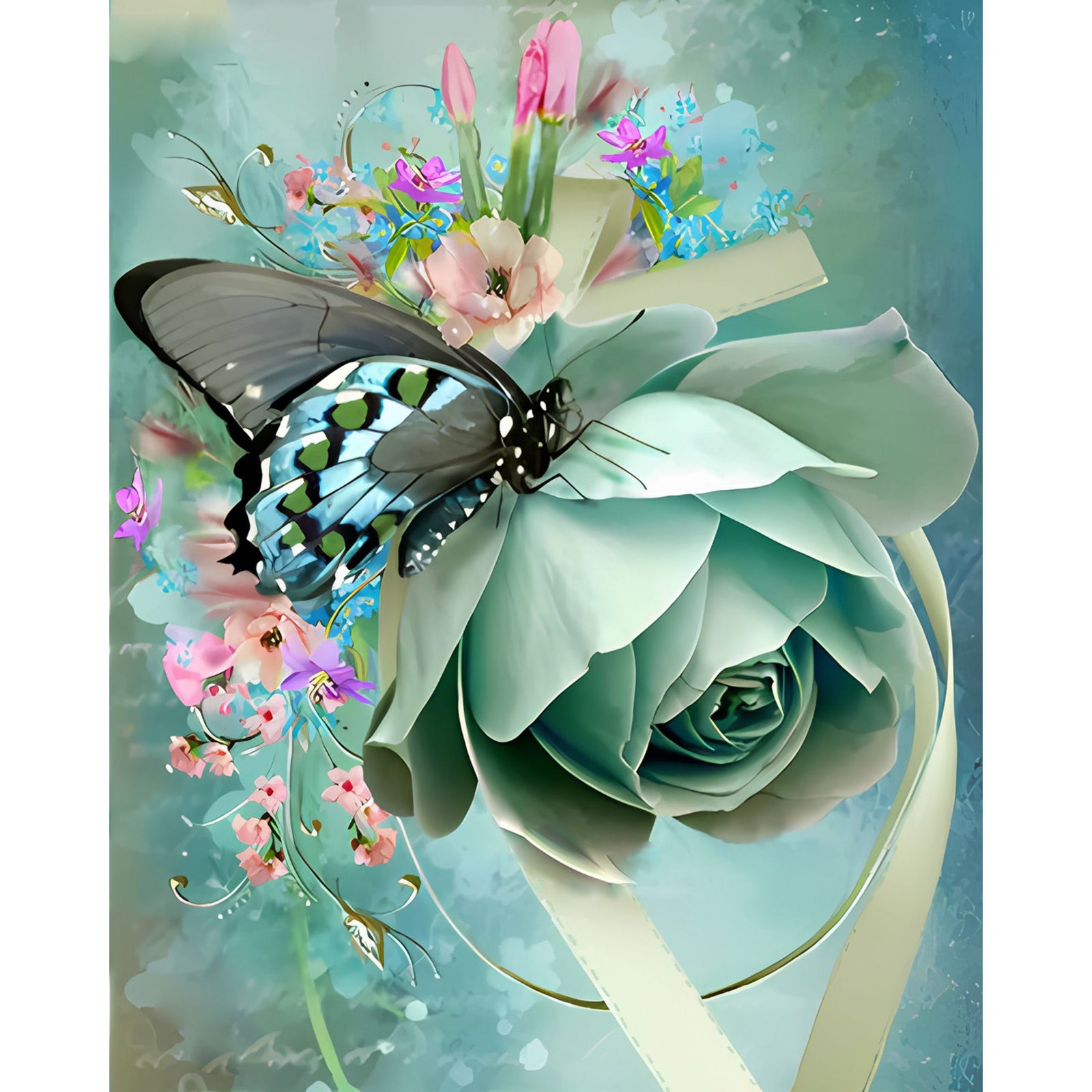 Butterfly on Rose | Diamond Painting Design - Full Drill Diamond Art with 5d Square or Round Diamonds - AB Drills Available