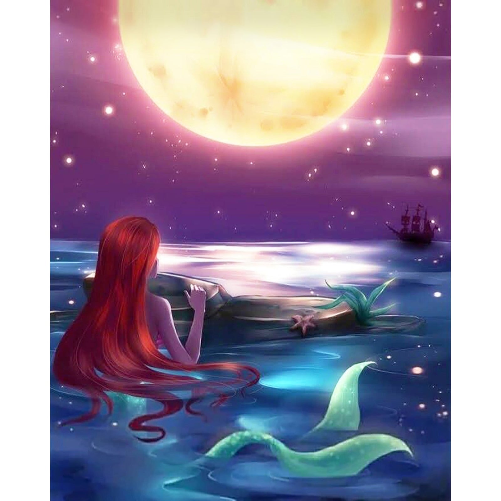 The Little Mermaid Watching the Moon | Diamond Painting Design - Full Drill Diamond Art with 5d Square or Round Diamonds - AB Drills Available