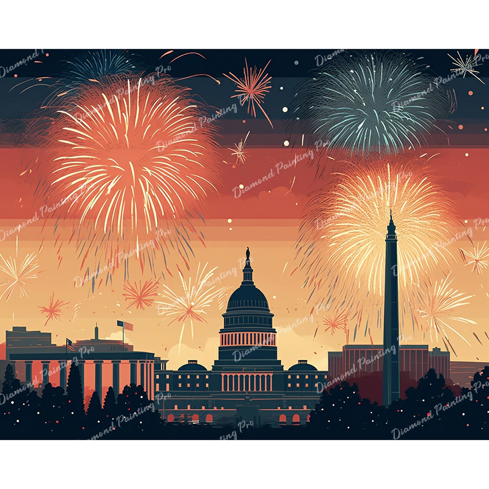 Patriotic Skyline Spectacular | Diamond Painting Design - Full Drill Diamond Art with 5d Square or Round Diamonds - AB Drills Available