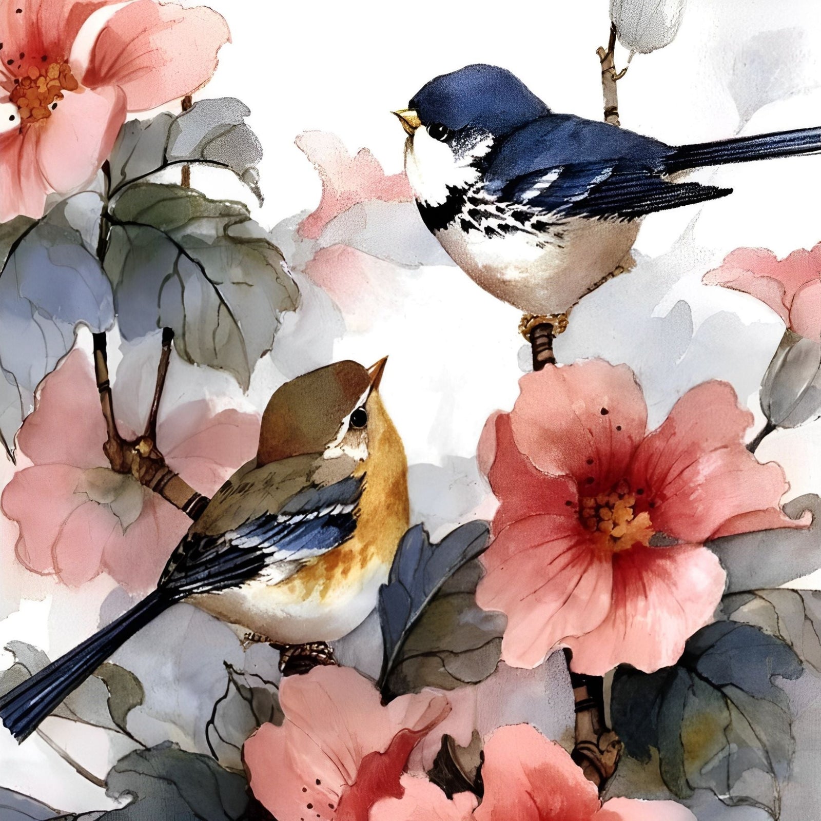 Two Birds on the Flower Branch | Diamond Painting Design - Full Drill Diamond Art with 5d Square or Round Diamonds - AB Drills Available