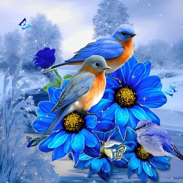 Winter Birds On The Blue Flowers | Diamond Painting