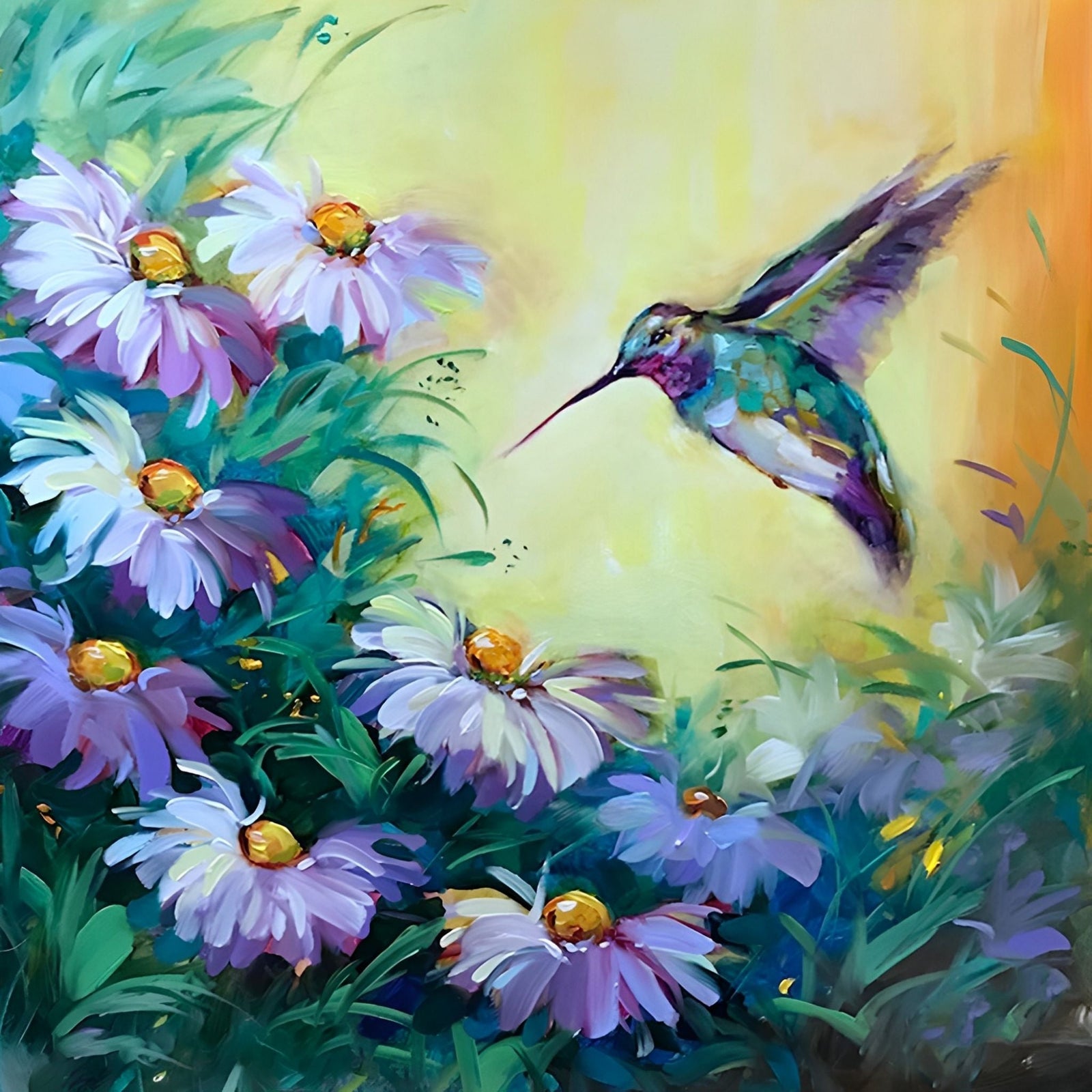 Hummingbird and Daisies | Diamond Painting Design - Full Drill Diamond Art with 5d Square or Round Diamonds - AB Drills Available