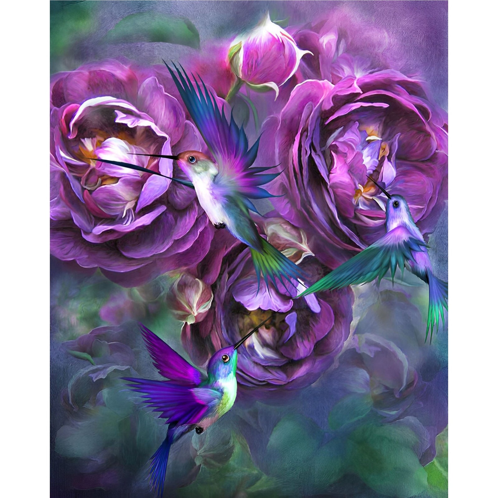 Hummingbird and Purple Rose | Diamond Painting Design - Full Drill Diamond Art with 5d Square or Round Diamonds - AB Drills Available