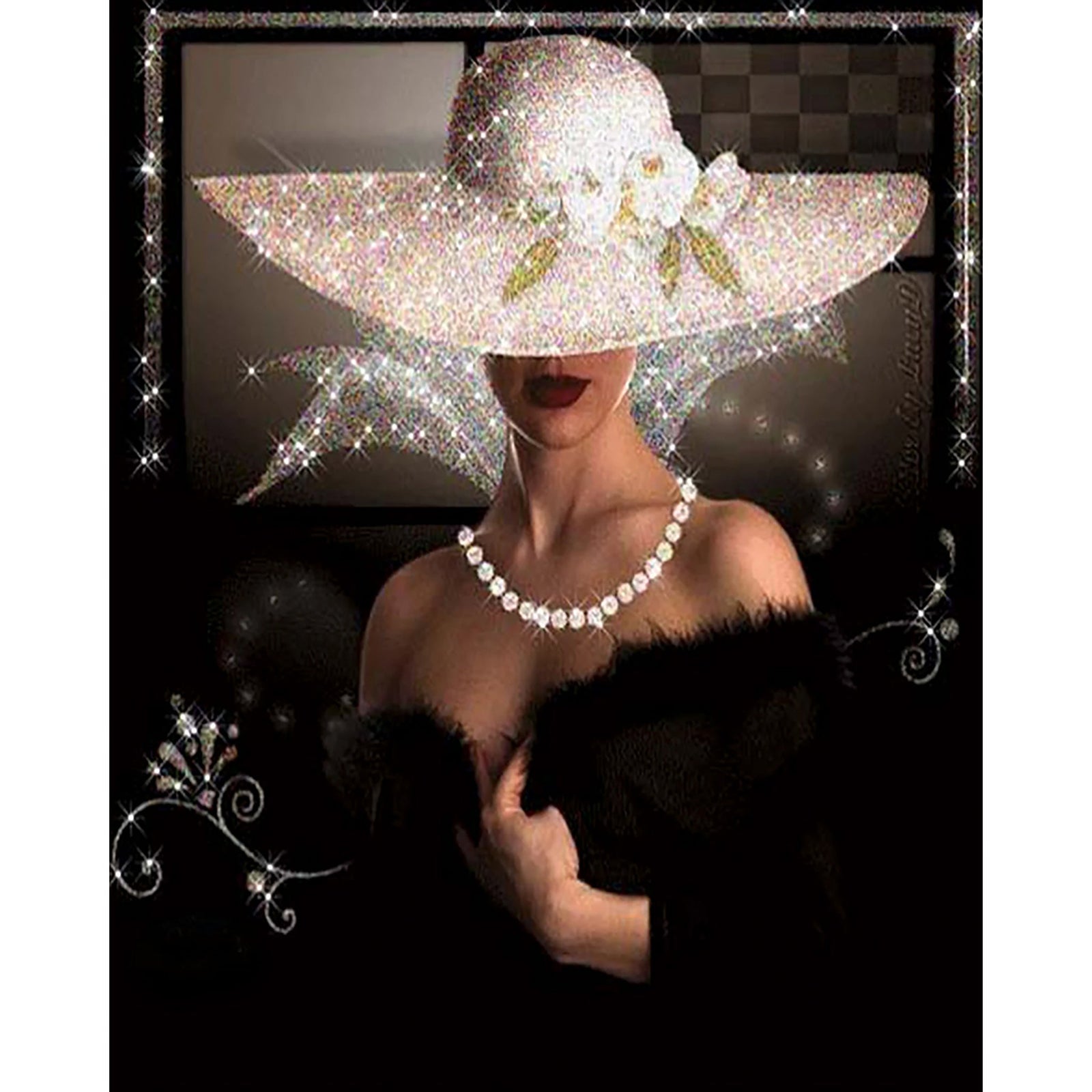 Lady in Black Dress and White Hat | Diamond Painting Design - Full Drill Diamond Art with 5d Square or Round Diamonds - AB Drills Available