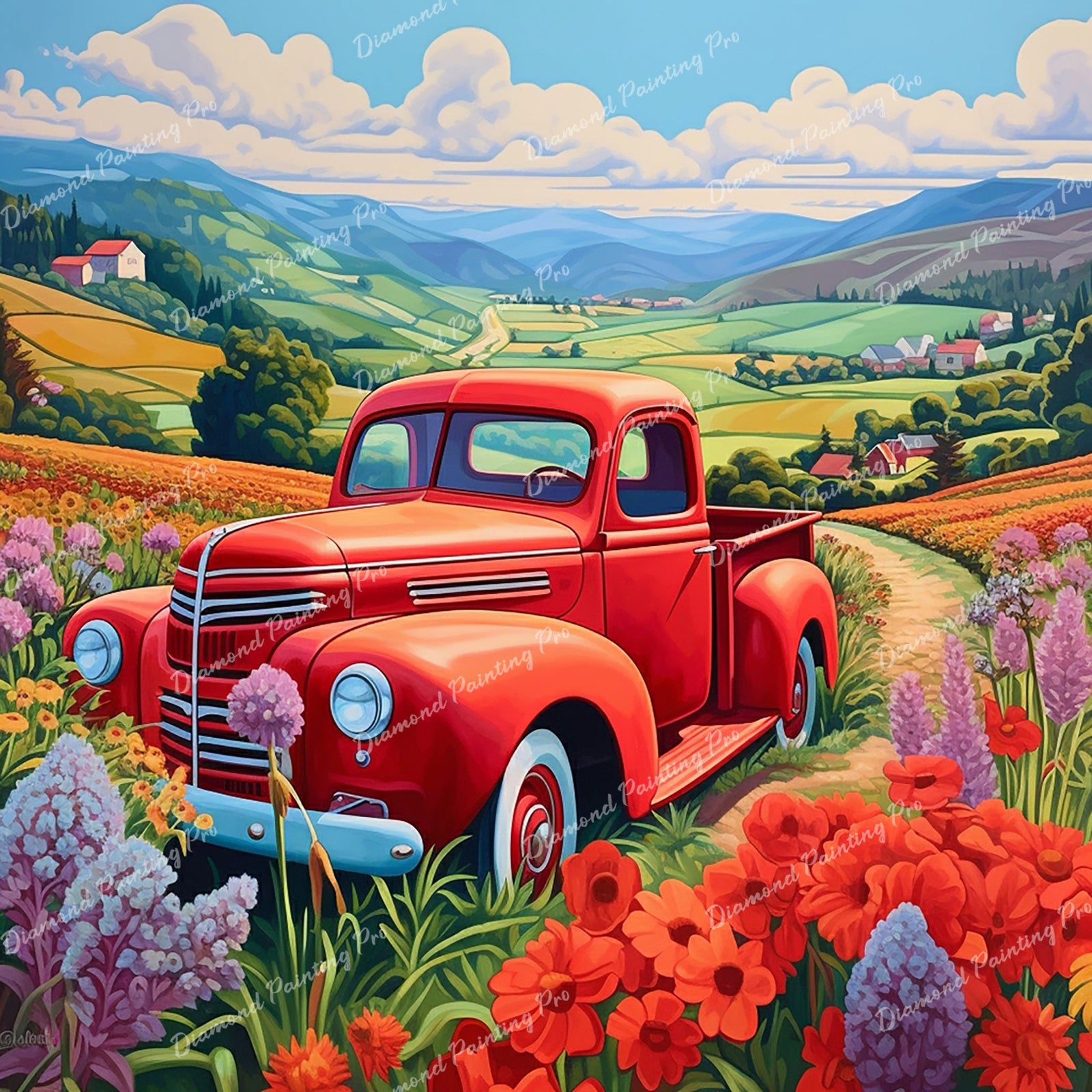 Tranquil Red Truck Retreat | Diamond Painting Design - Full Drill Diamond Art with 5d Square or Round Diamonds - AB Drills Available