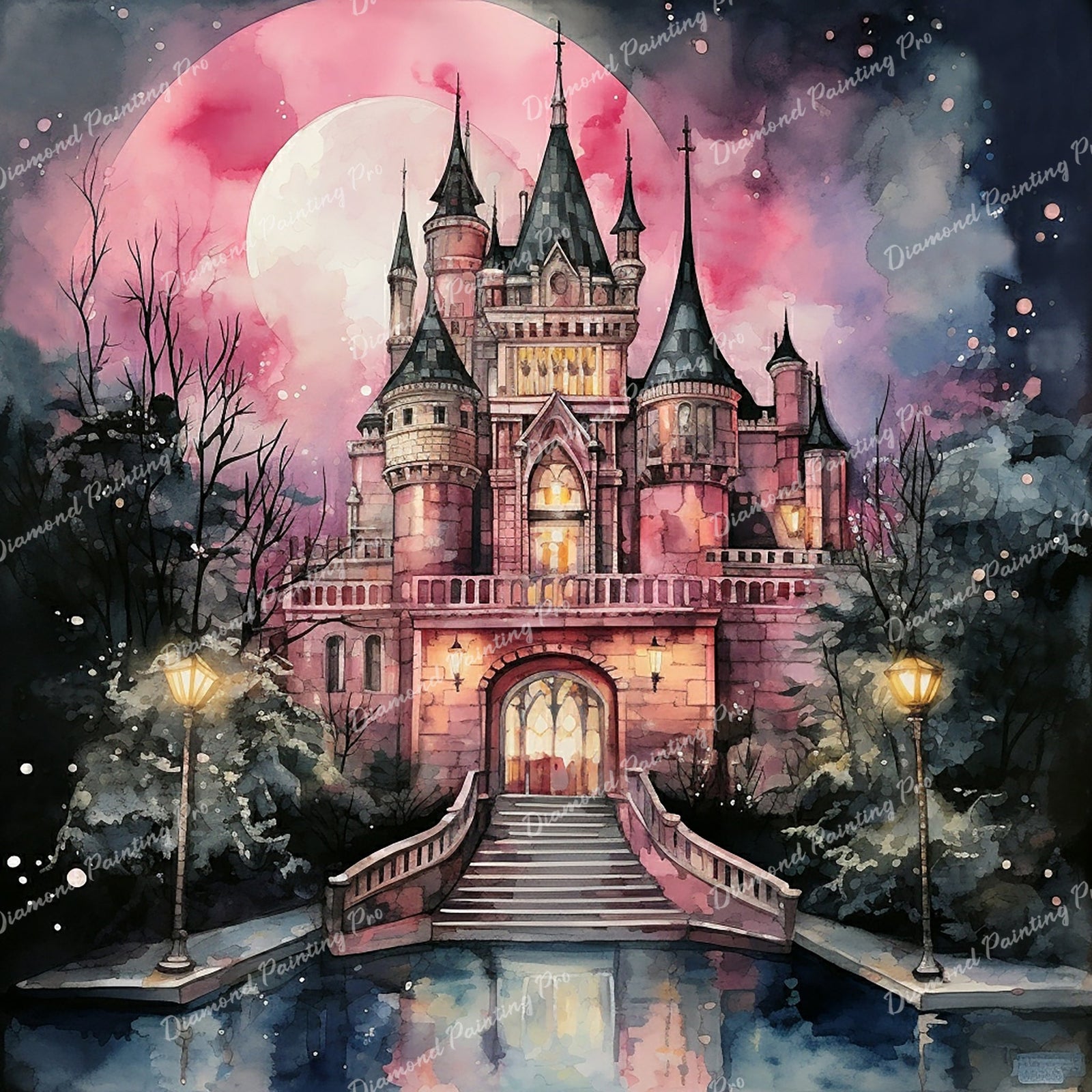 Enchanting Pink Castle | Diamond Painting Design - Full Drill Diamond Art with 5d Square or Round Diamonds - AB Drills Available