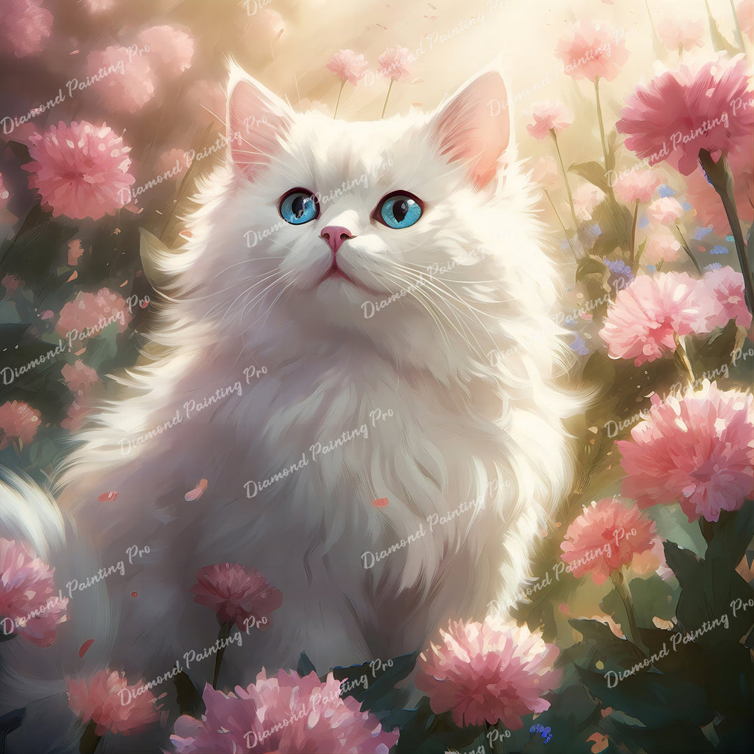 White Cat with Peony Flower | Diamond Painting