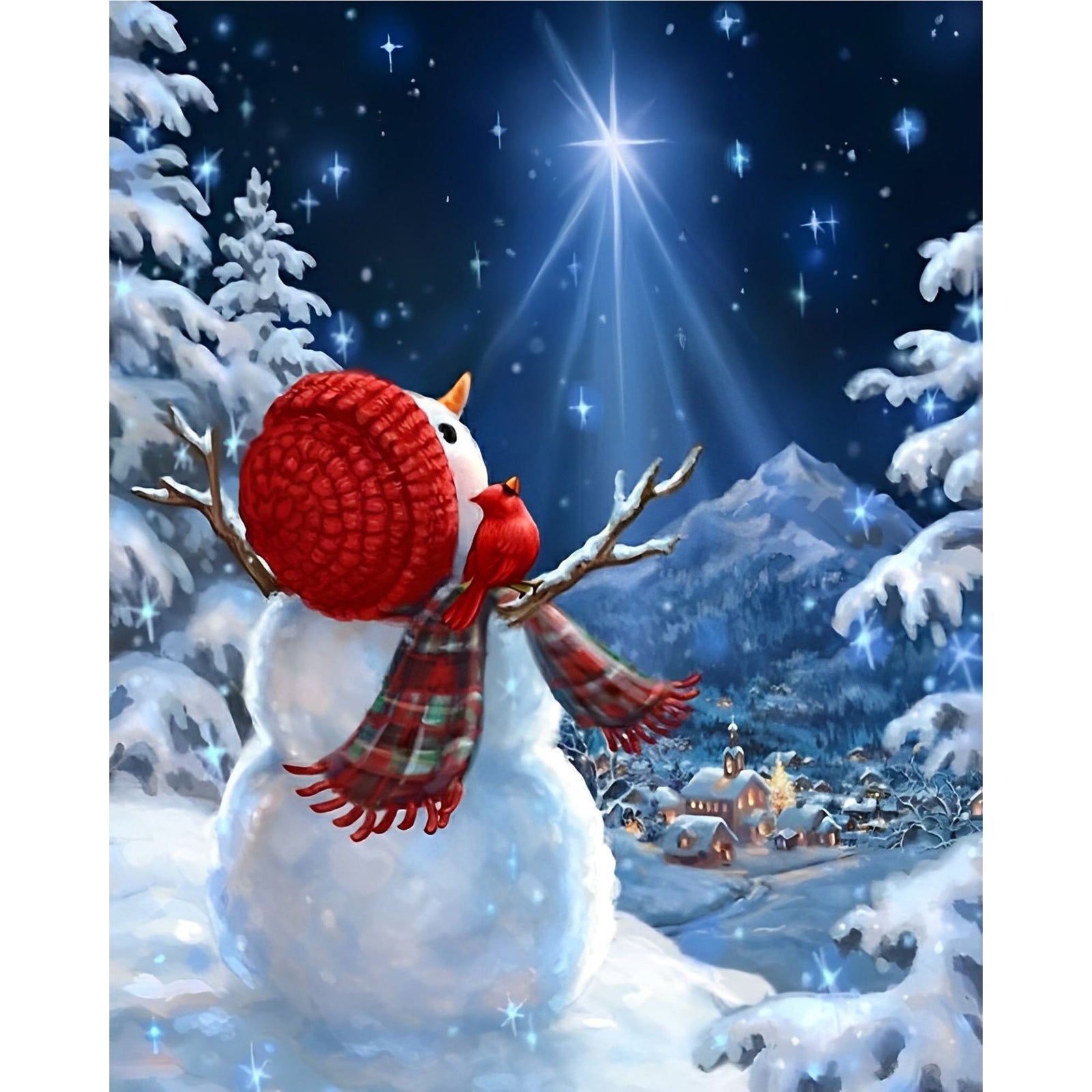 Christmas Snowman Under Stars | Diamond Painting Design - Full Drill Diamond Art with 5d Square or Round Diamonds - AB Drills Available