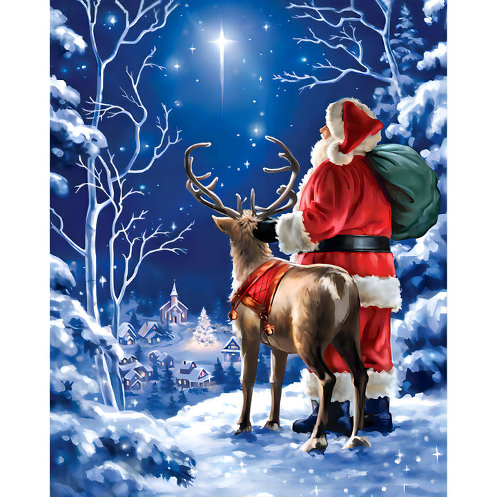 Starry Night Santa with Deer | Diamond Painting