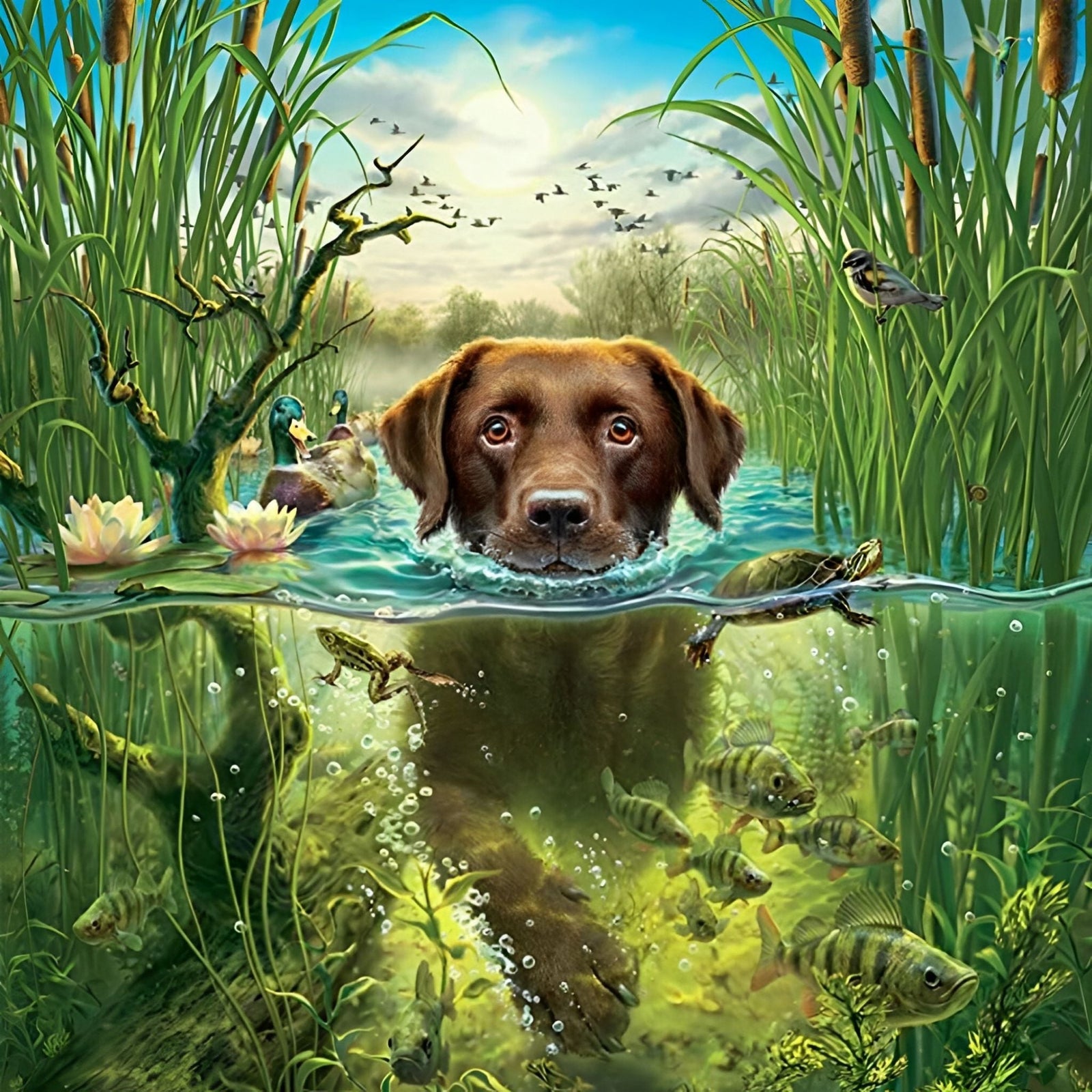 Swimming Dog | Diamond Painting Design - Full Drill Diamond Art with 5d Square or Round Diamonds - AB Drills Available