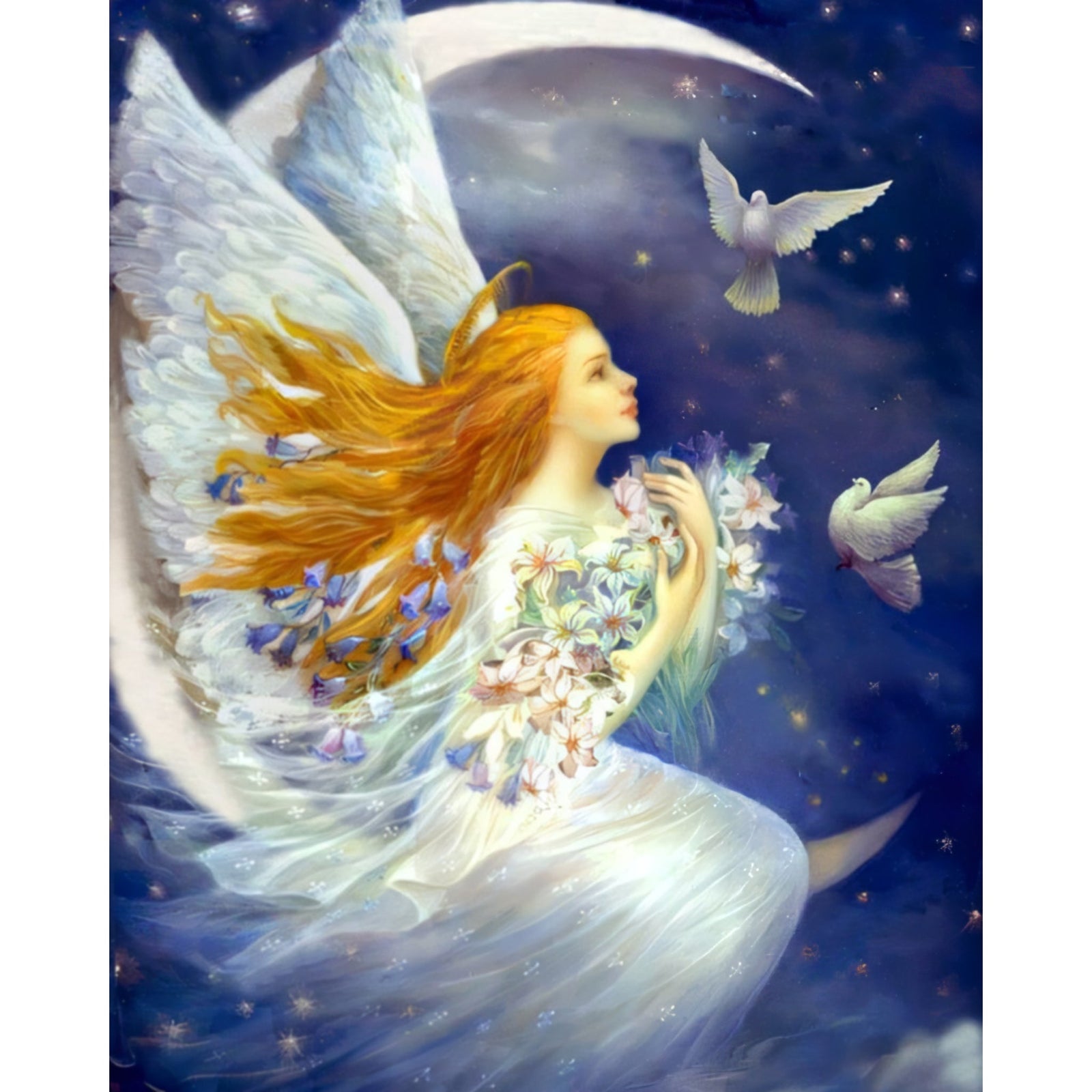 White dove angel sitting on the moon | Diamond Painting Design - Full Drill Diamond Art with 5d Square or Round Diamonds - AB Drills Available