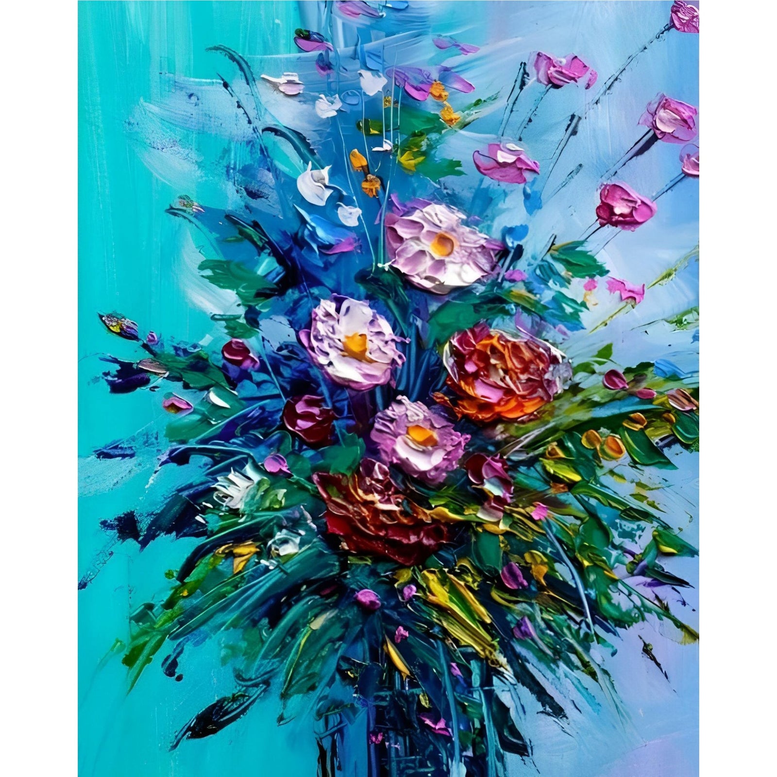 Bouquet of Flowers on Blue Background | Diamond Painting Design - Full Drill Diamond Art with 5d Square or Round Diamonds - AB Drills Available