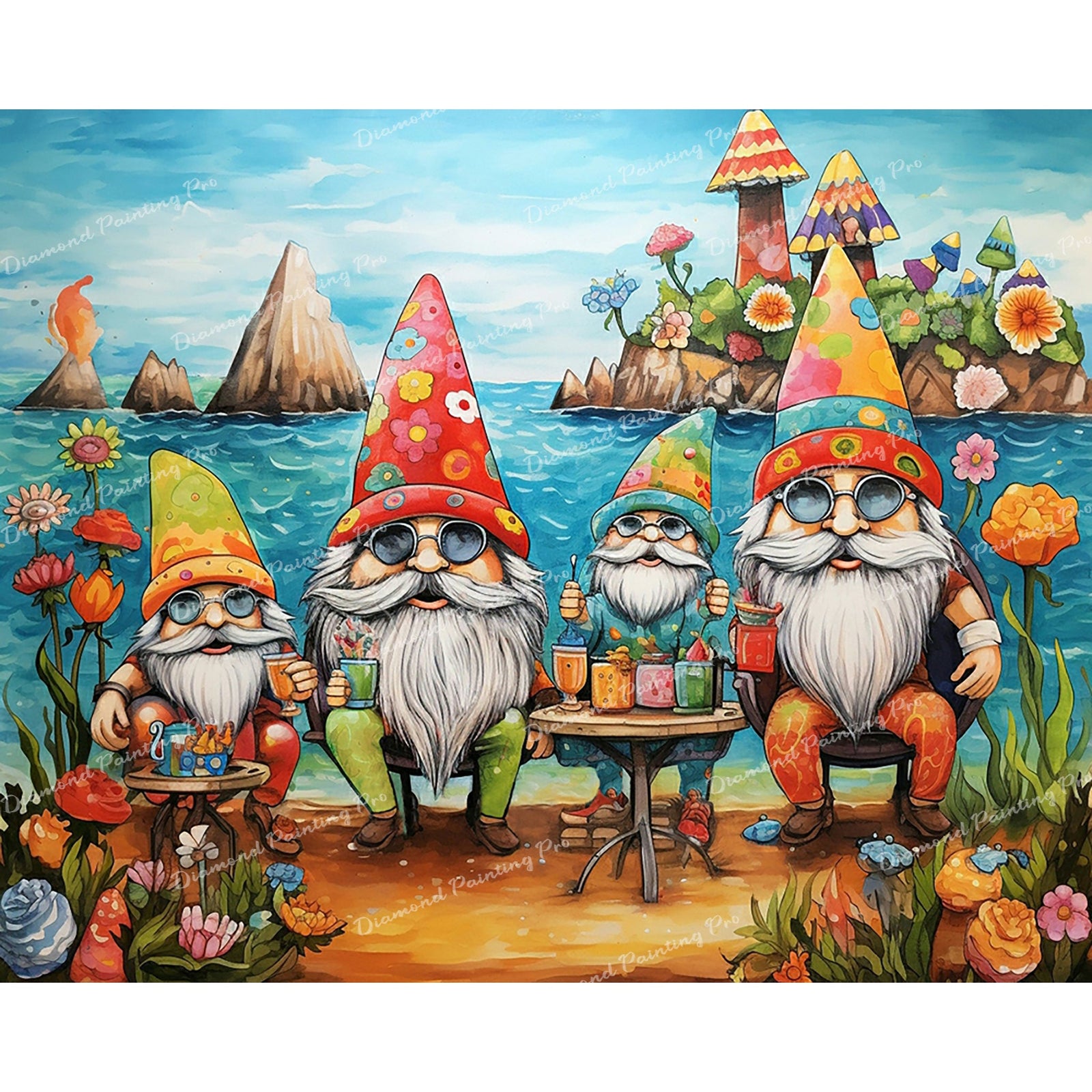 Gnome Beach Party | Diamond Painting Design - Full Drill Diamond Art with 5d Square or Round Diamonds - AB Drills Available