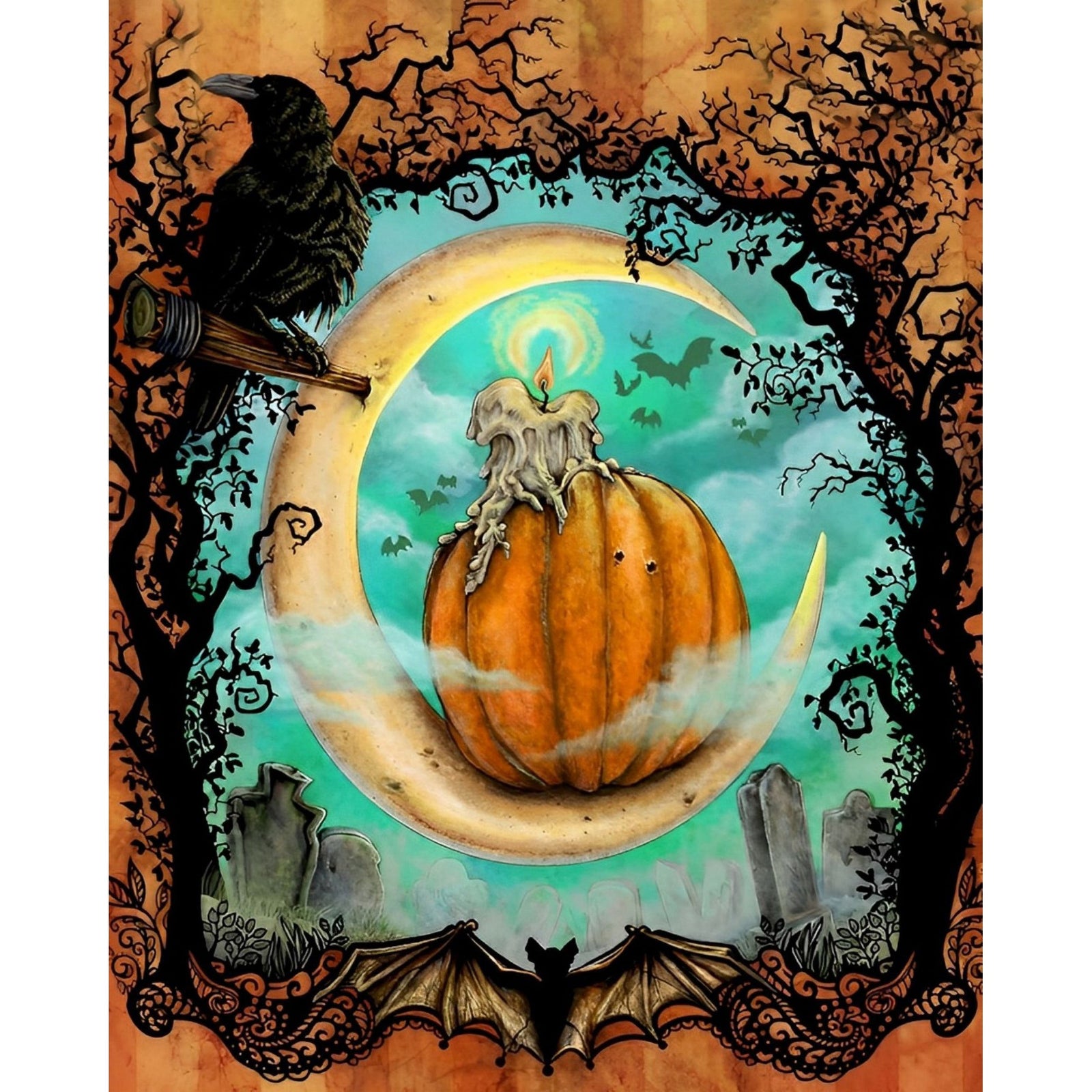 Pumpkin and Crow | Diamond Painting Design - Full Drill Diamond Art with 5d Square or Round Diamonds - AB Drills Available