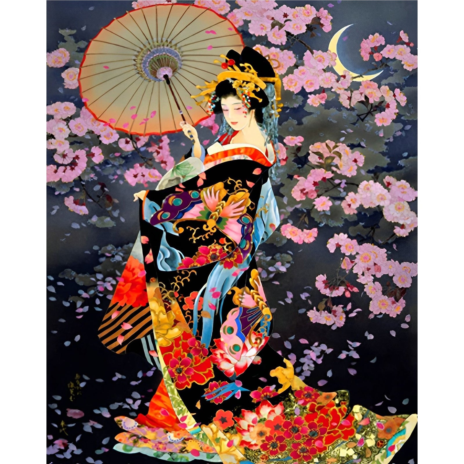 Kimono and Cherry Blossoms | Diamond Painting Design - Full Drill Diamond Art with 5d Square or Round Diamonds - AB Drills Available