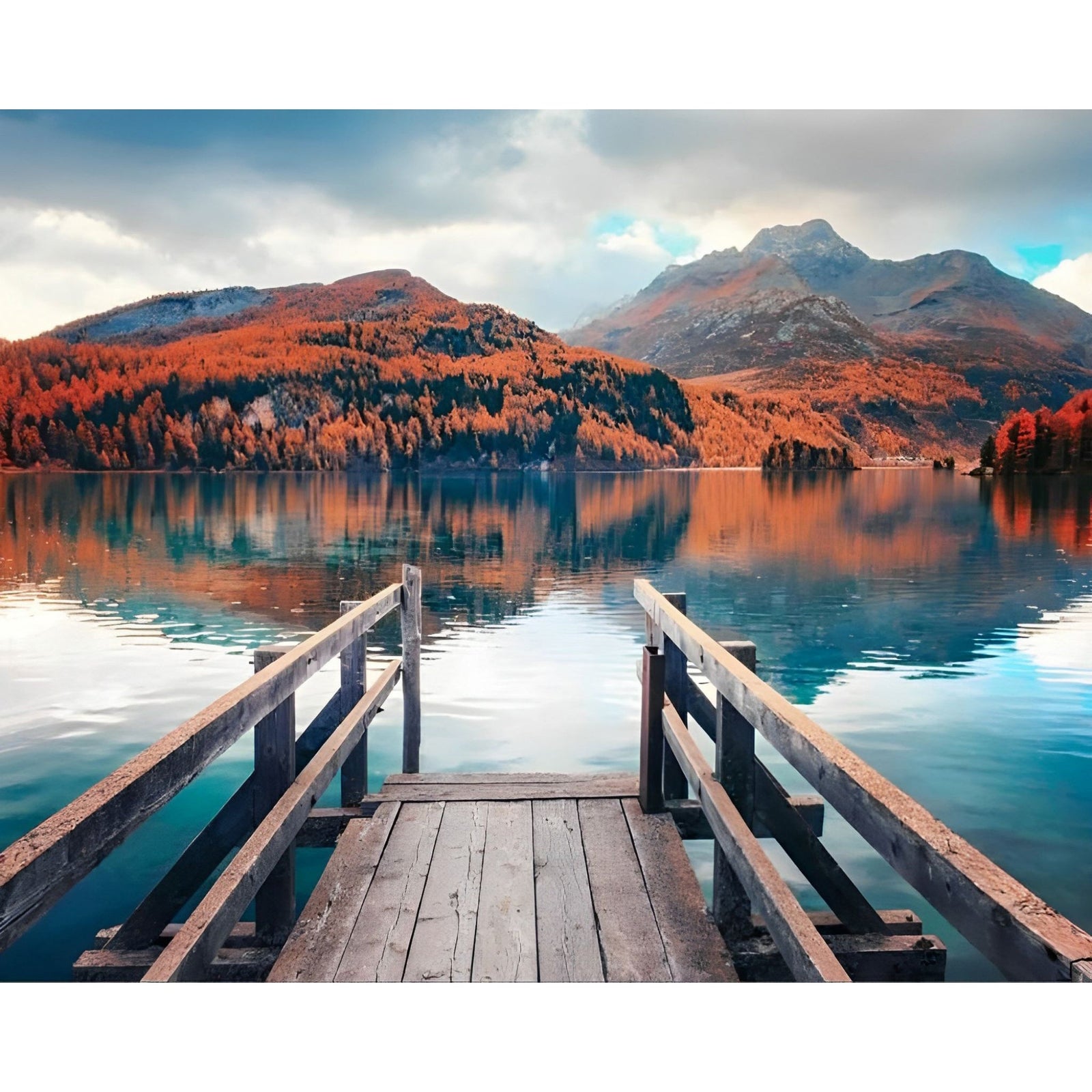 Wooden Pier on Autumn lake Sils | Diamond Painting Design - Full Drill Diamond Art with 5d Square or Round Diamonds - AB Drills Available