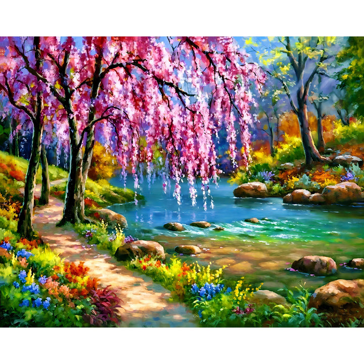 Cherry Blossom Tree Near River | Diamond Painting