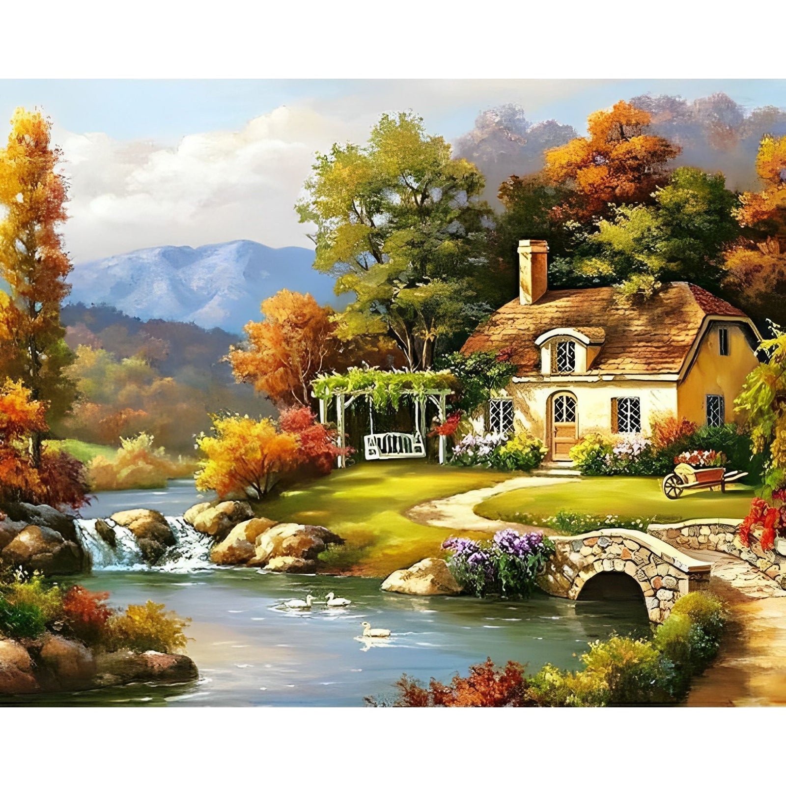 Autumn Cottage by the River | Diamond Painting Design - Full Drill Diamond Art with 5d Square or Round Diamonds - AB Drills Available