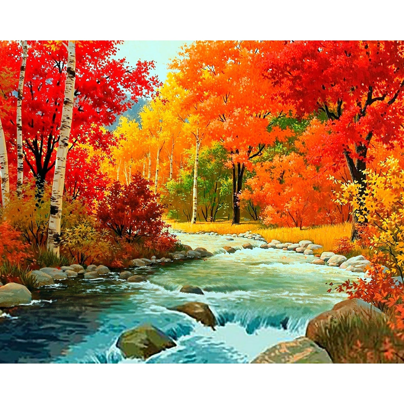 River Flows in Autumn Forest | Diamond Painting Design - Full Drill Diamond Art with 5d Square or Round Diamonds - AB Drills Available