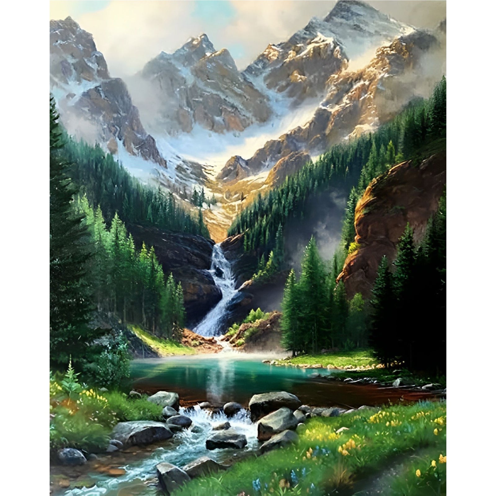 Rocky Mountain Waterfall | Diamond Painting Design - Full Drill Diamond Art with 5d Square or Round Diamonds - AB Drills Available