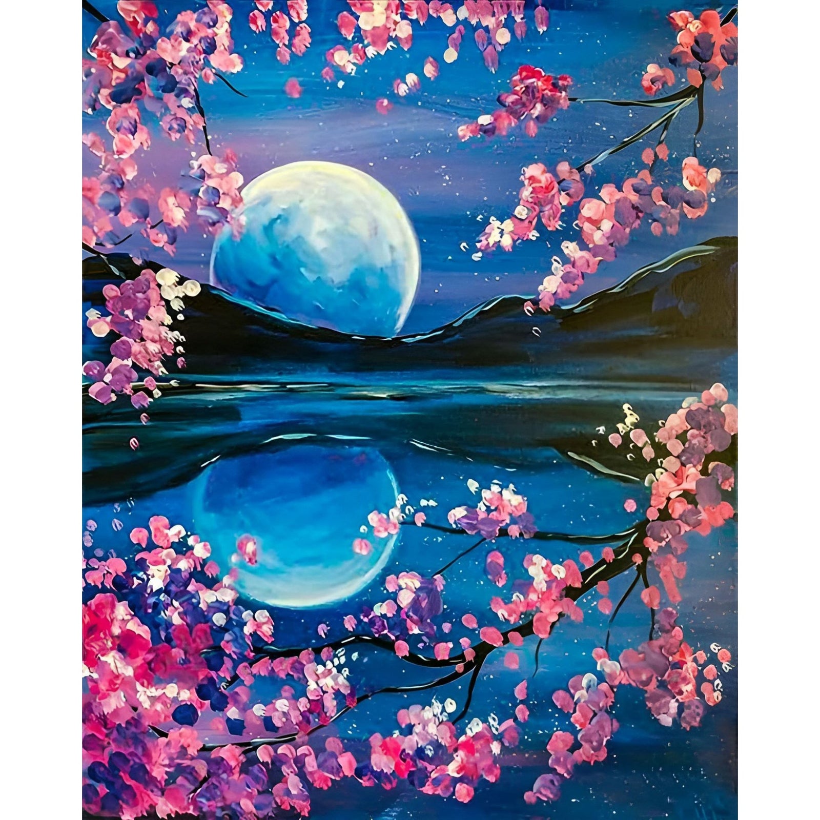 Moon Reflection Cherry Tree | Diamond Painting Design - Full Drill Diamond Art with 5d Square or Round Diamonds - AB Drills Available