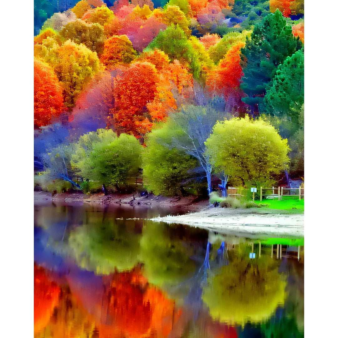 Colorful Trees In Forest With Reflection On Lake | Diamond Painting