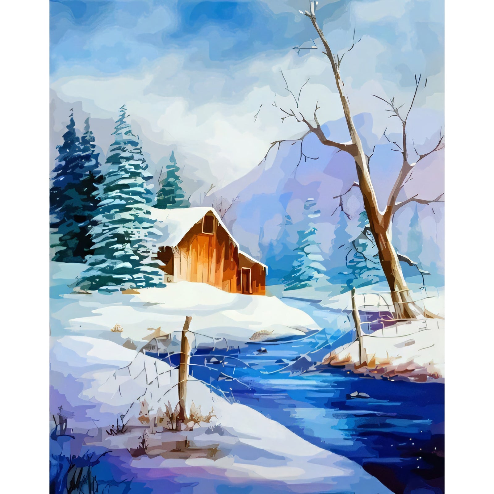 Snowy Cabin By Lake | Diamond Painting Design - Full Drill Diamond Art with 5d Square or Round Diamonds - AB Drills Available