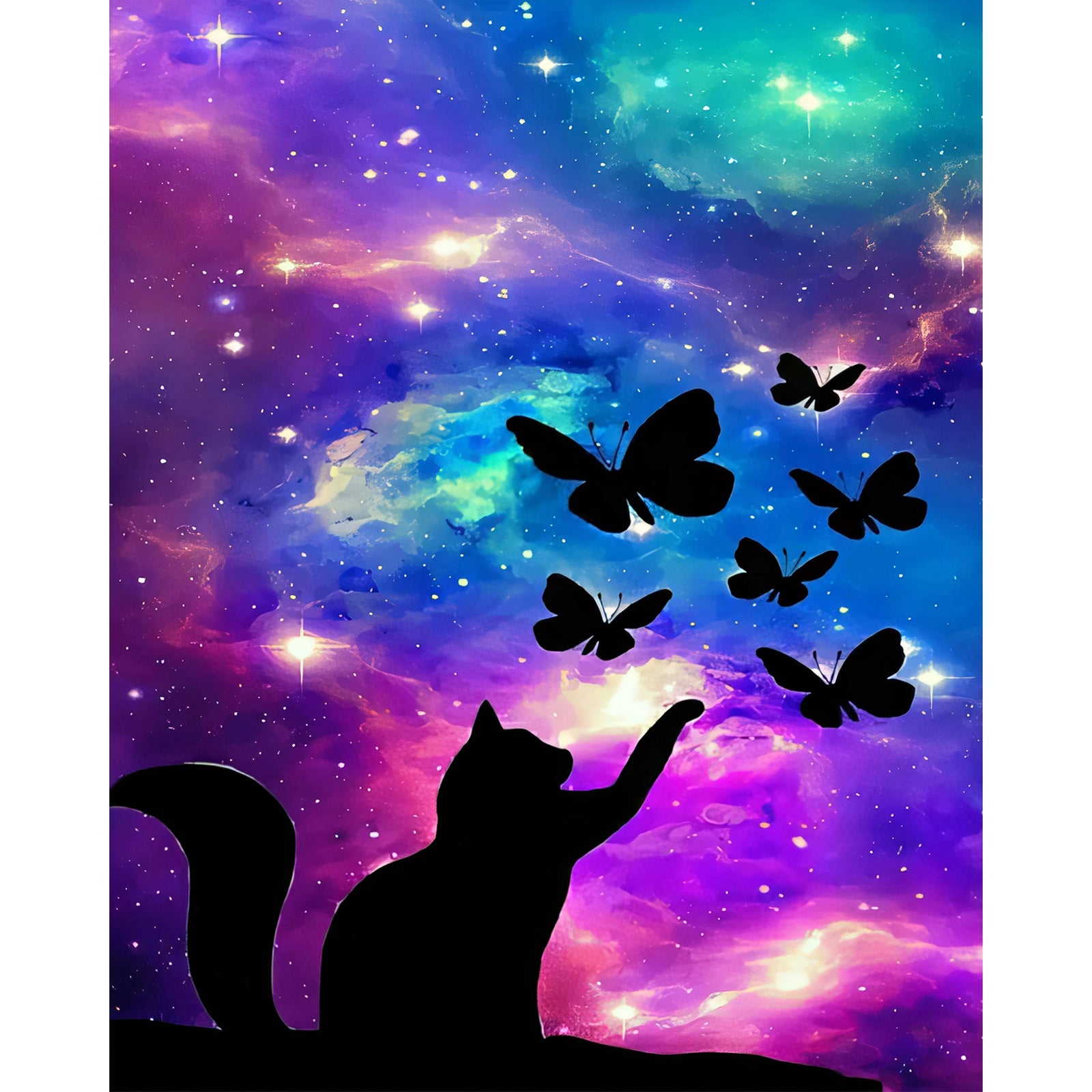 Cat Under Starry Galaxy | Diamond Painting Design - Full Drill Diamond Art with 5d Square or Round Diamonds - AB Drills Available