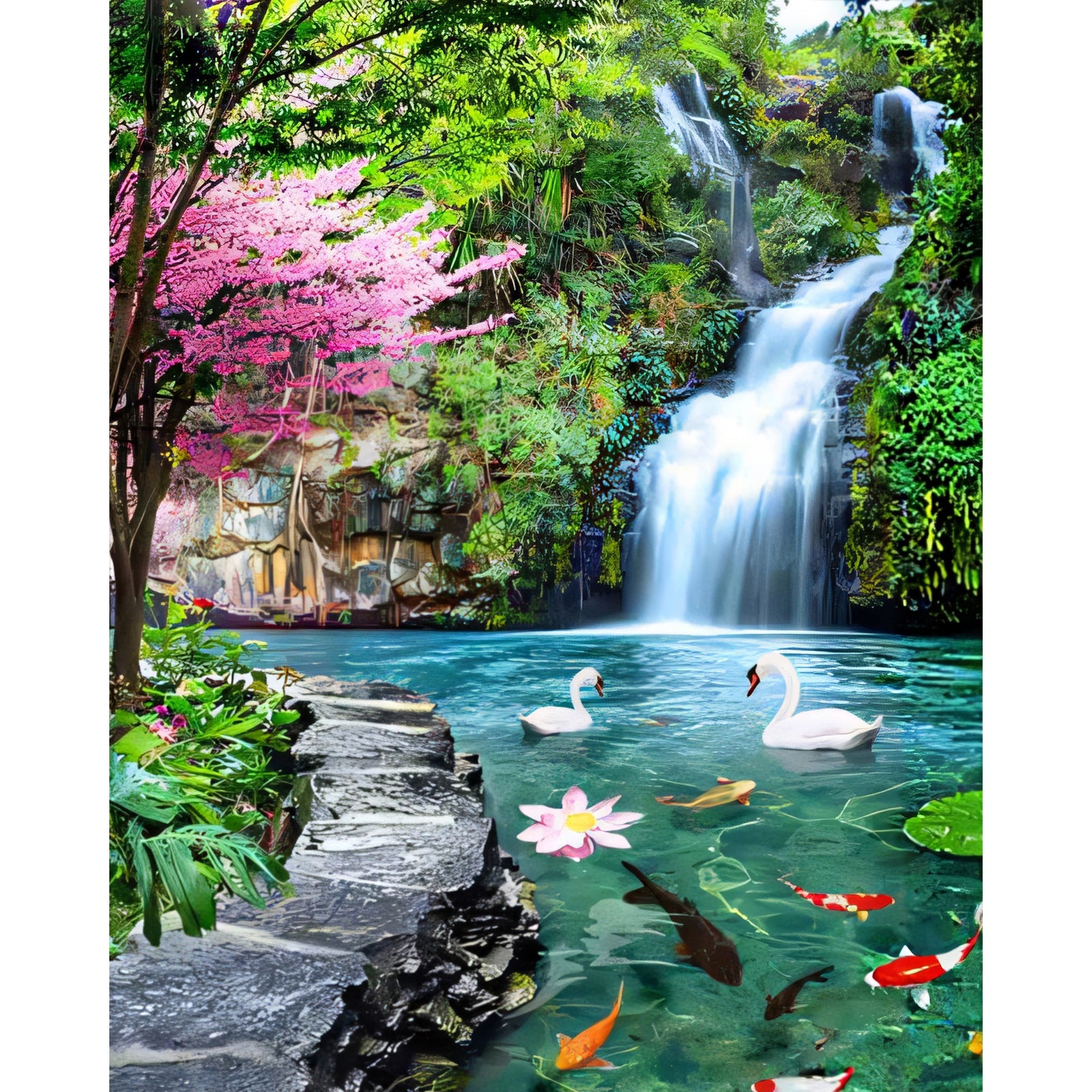 Swans and Waterfall | Diamond Painting Design - Full Drill Diamond Art with 5d Square or Round Diamonds - AB Drills Available