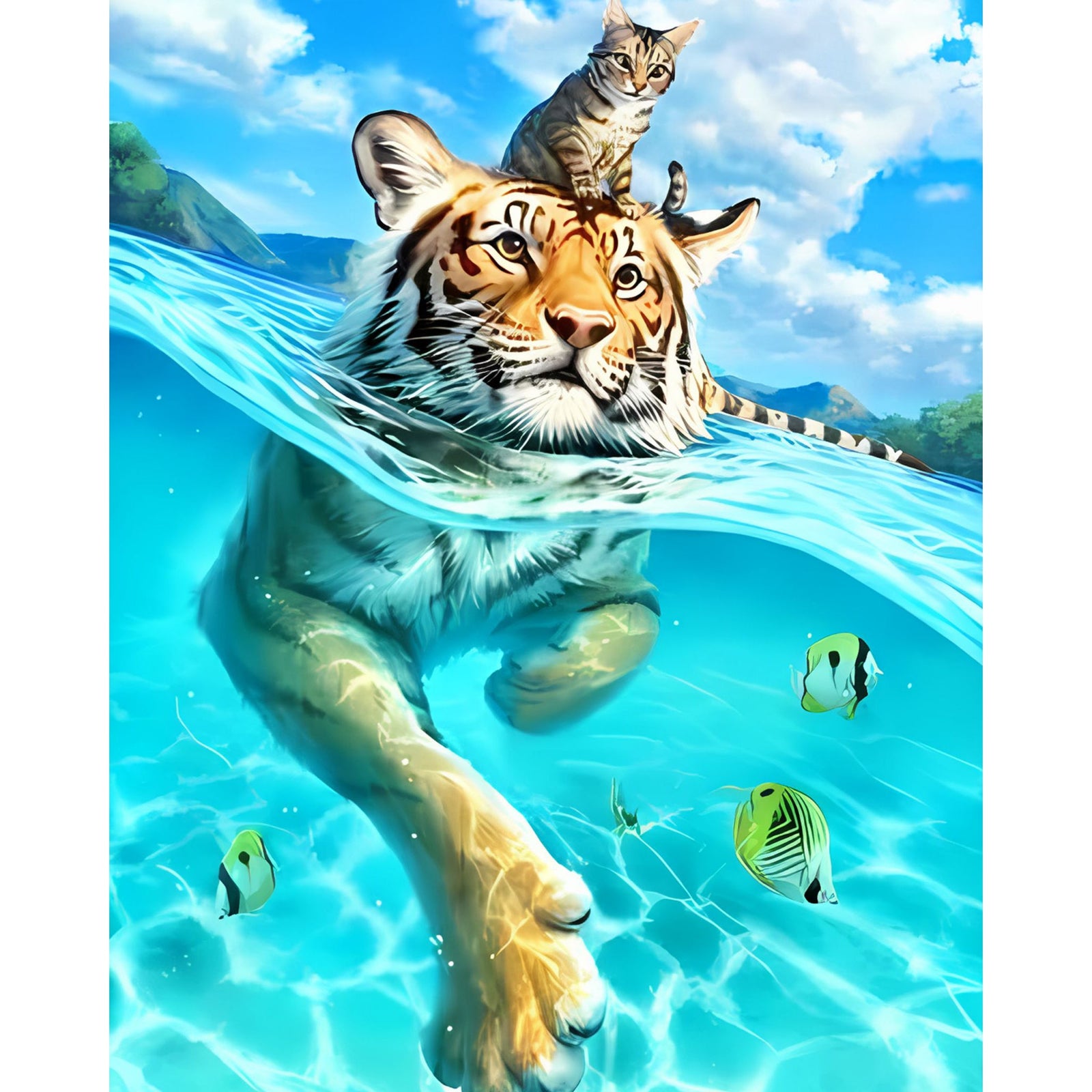 Tiger and Kitty in the Water | Diamond Painting Design - Full Drill Diamond Art with 5d Square or Round Diamonds - AB Drills Available