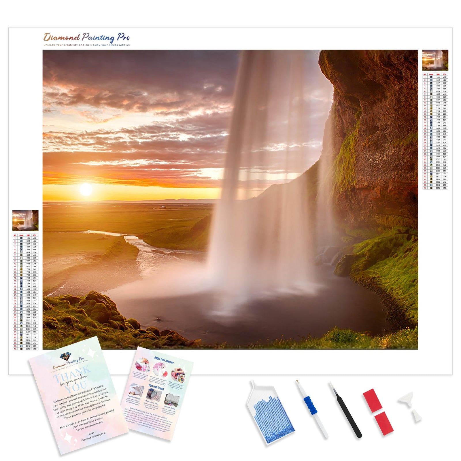 Sunset over Seljalandsfoss Waterfall | Diamond Painting Kit - Full Drill - Square or Round Diamonds with AB Drills Option