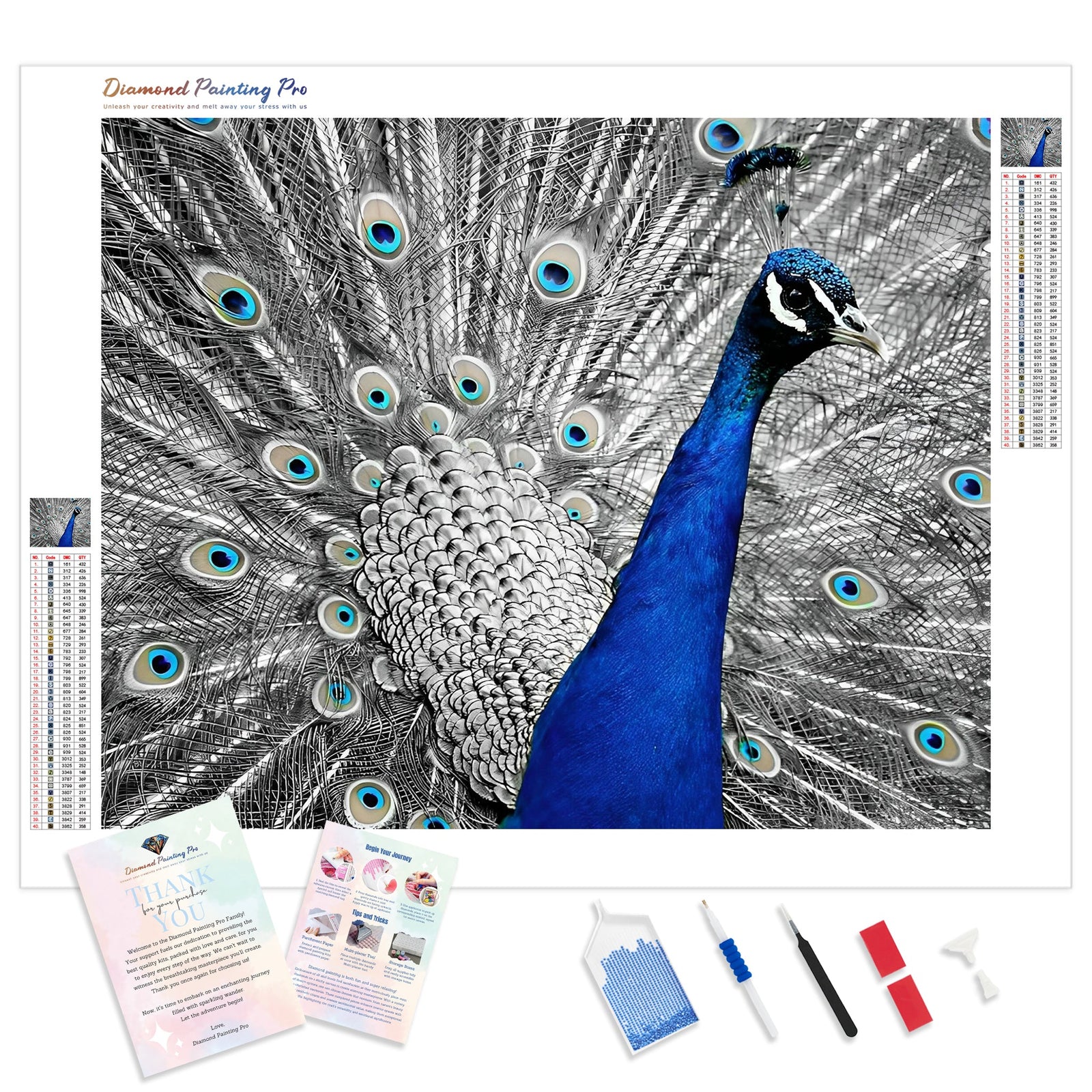 Monochromatic Peacock | Diamond Painting Kit - Full Drill - Square or Round Diamonds with AB Drills Option