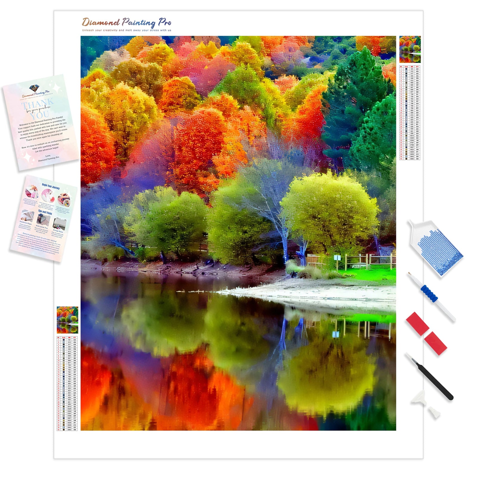 Colorful Trees In Forest With Reflection On Lake | Diamond Painting Kit - Full Drill - Square or Round Diamonds with AB Drills Option