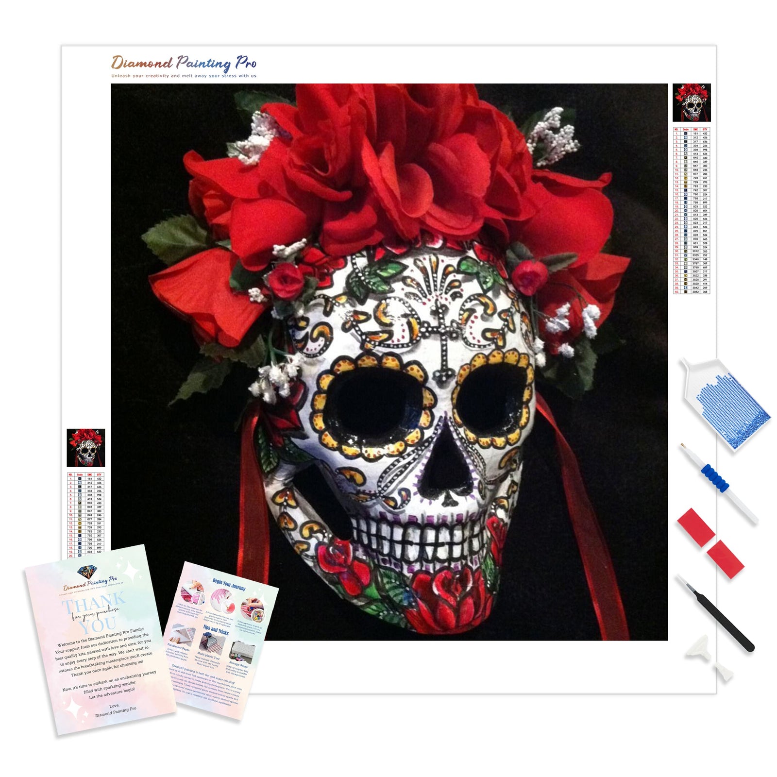 Red Rose Sugar Skull | Diamond Painting Kit - Full Drill - Square or Round Diamonds with AB Drills Option