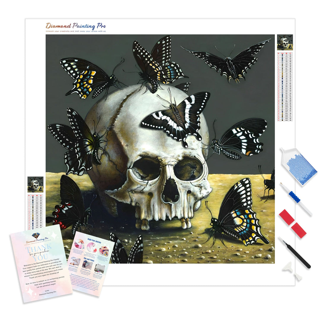 Skull and Butterflies | Diamond Painting Kit - Full Drill - Square or Round Diamonds with AB Drills Option