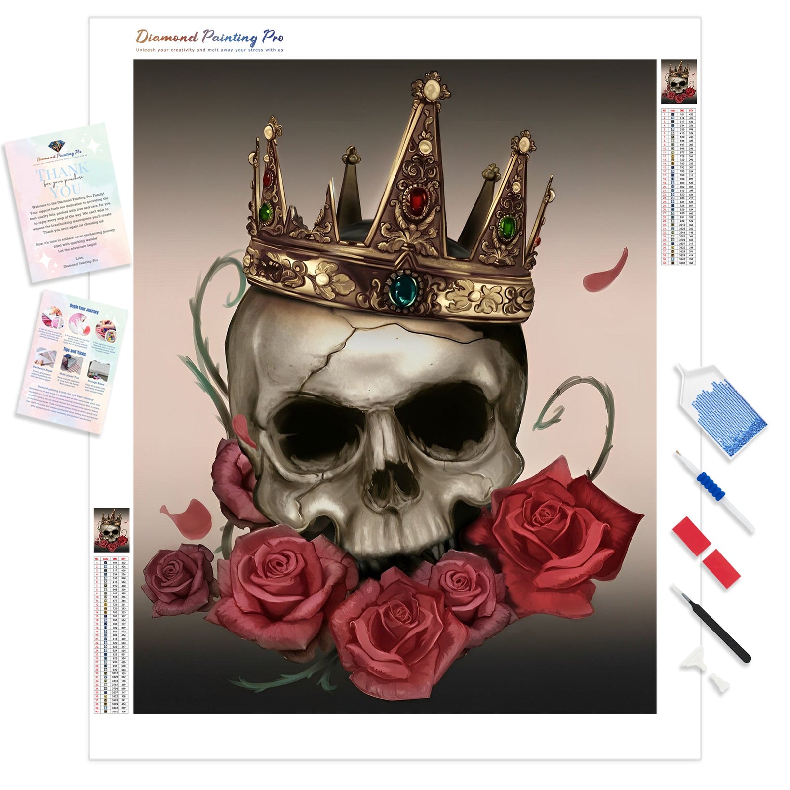 Crowned Skull and Roses | Diamond Painting Kit - Full Drill - Square or Round Diamonds with AB Drills Option