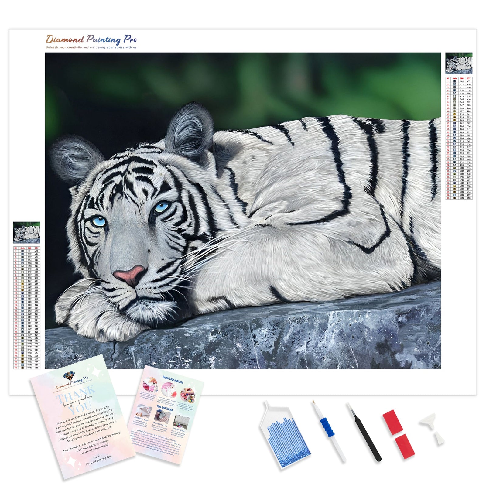 White Tiger Laying | Diamond Painting Kit - Full Drill - Square or Round Diamonds with AB Drills Option