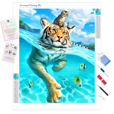 Tiger and Kitty in the Water | Diamond Painting