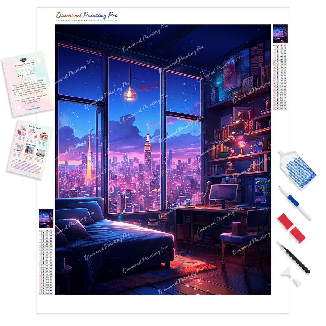 Neon Dreamscape Bedroom | Diamond Painting Kit - Full Drill - Square or Round Diamonds with AB Drills Option