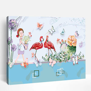Cute Girl and Flamingos | Paint By Numbers